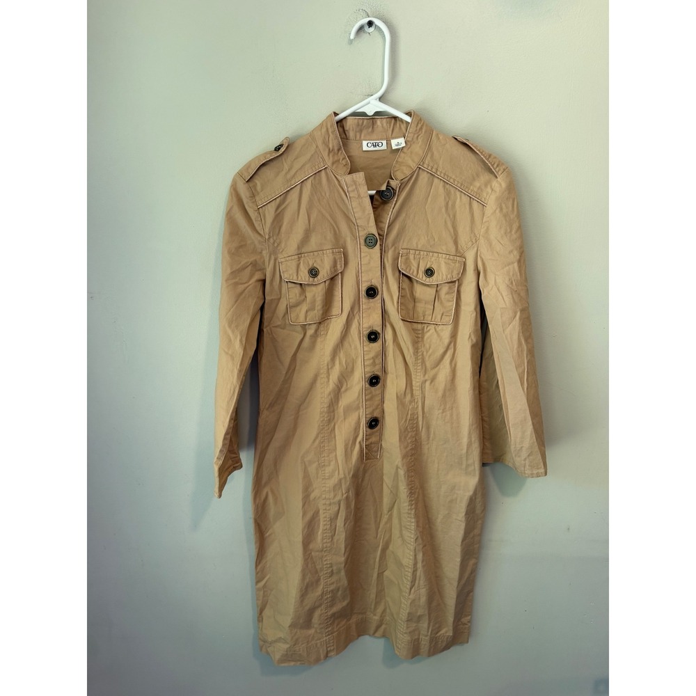 Cato Womens Tan Khaki Utility Shirt Dress Size 8 Long Sleeve Roll Tab Military